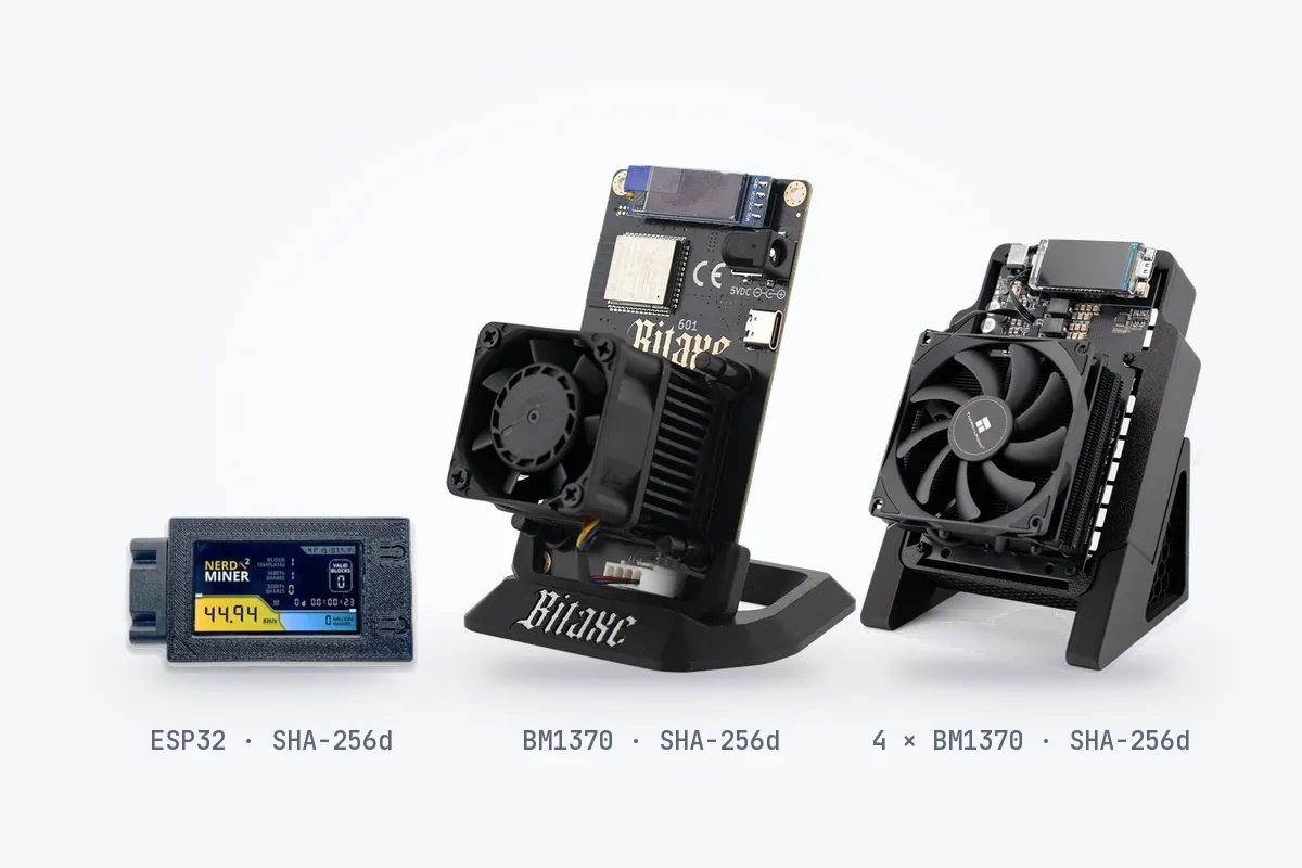 NerdMiner V2 Pro, Bitaxe Gamma and NerdQAxe++ home miners side by side, all built for the SHA-256 proof of work of Bitcoin