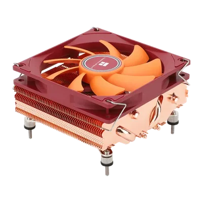 AXP90 Copper Pro seen from above at an angle: red 92 mm Thermalright fan held by wire clips on a stack of copper fins