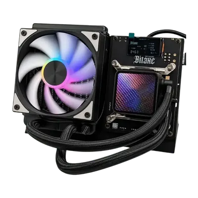 Bitaxe Gamma Hex 1300 seen from the front at a slight angle: radiator with a lit RGB fan on the left, board with display and the pump block of the water loop on the right, braided hoses below