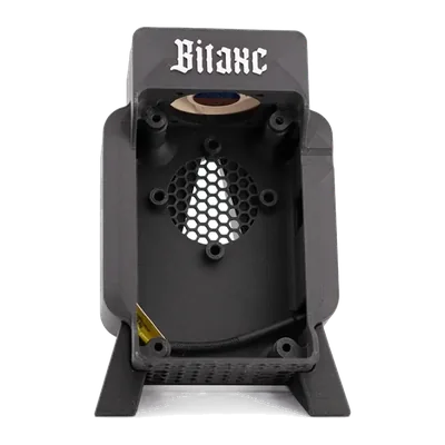 Bitaxe Performance Case on its stand, front view with honeycomb air outlet and Bitaxe lettering