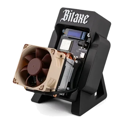 Bitaxe Performance Stage 2 in its black stand, Noctua fan on the low-profile cooler