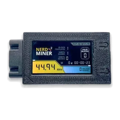 NerdMiner V2 Pro ESP32 Bitcoin lottery miner in a black case with colour display