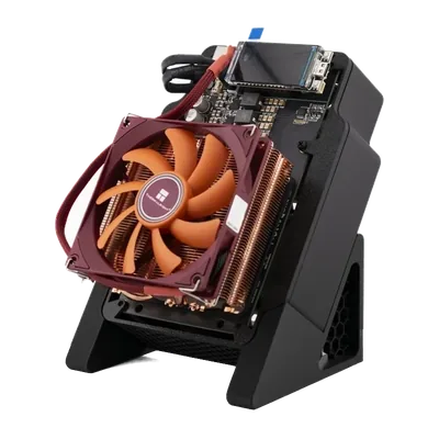 NerdQAxe Copper Pro Bitcoin miner with copper heatsink and two fans