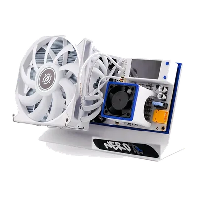 NerdQX Bitcoin miner with white tower cooler and 120 mm fan