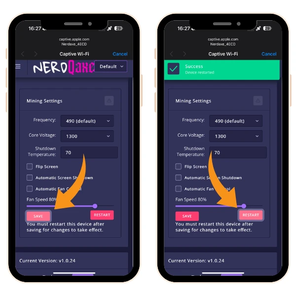 NerdQAxe Setup Guide, Speichern und Neustart