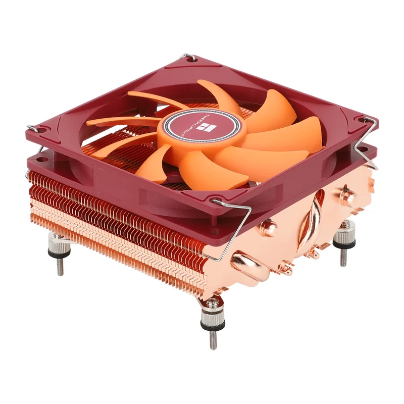 AXP90 Copper Pro seen from above at an angle: red 92 mm Thermalright fan held by wire clips on a stack of copper fins