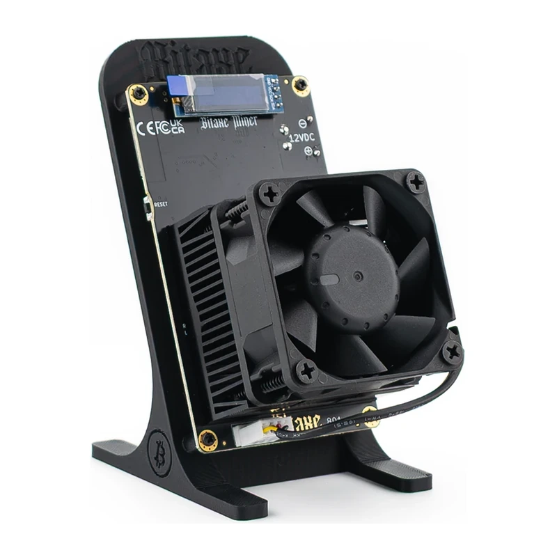 Bitaxe 801 dual chip Bitcoin miner with heatsink and fan on a stand