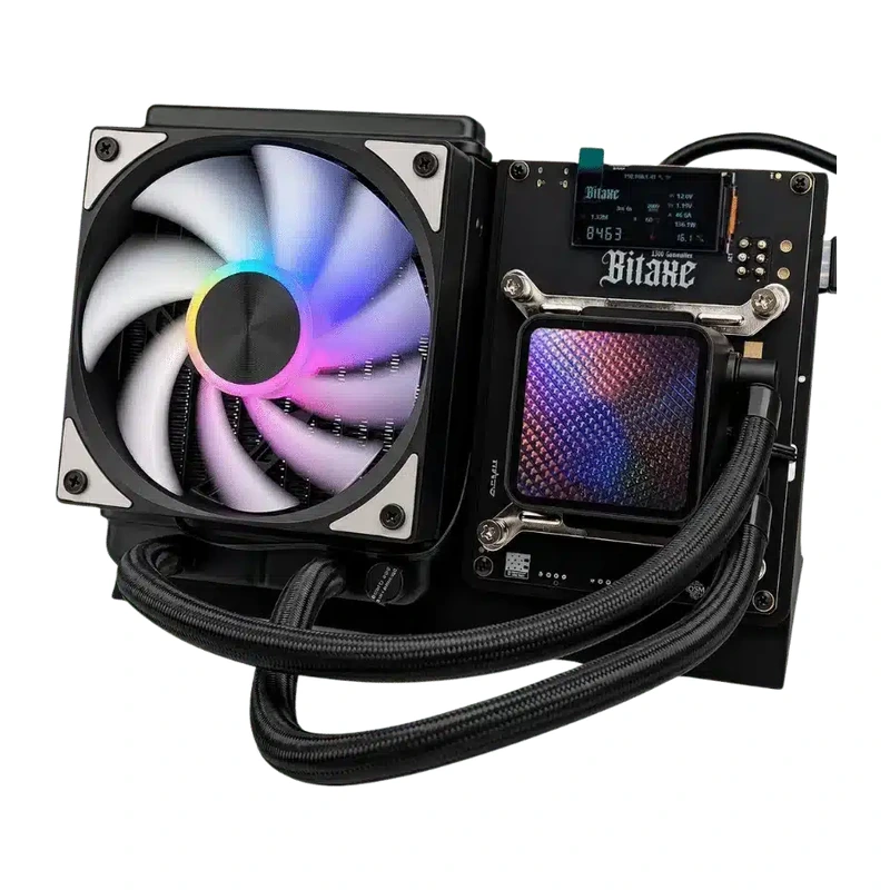 Bitaxe Gamma Hex 1300 seen from the front at a slight angle: radiator with a lit RGB fan on the left, board with display and the pump block of the water loop on the right, braided hoses below