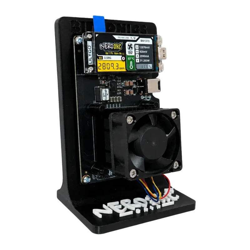 NerdAxe Gaia Bitcoin miner with BM1373 chip, colour display and stand