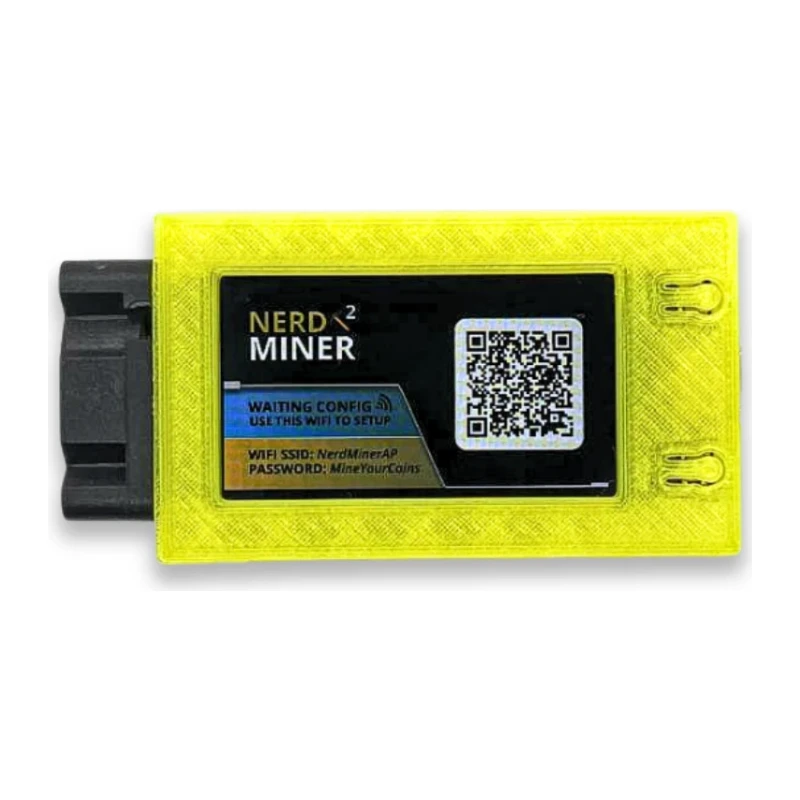 NerdMiner V4 in a neon yellow case, display showing the setup QR code