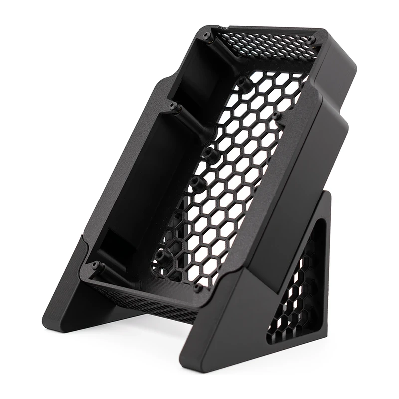 NerdQAxe Performance Case with honeycomb panel, seen from the front