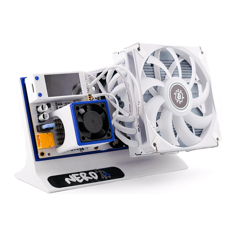 NerdQX Bitcoin miner with white tower cooler and 120 mm fan